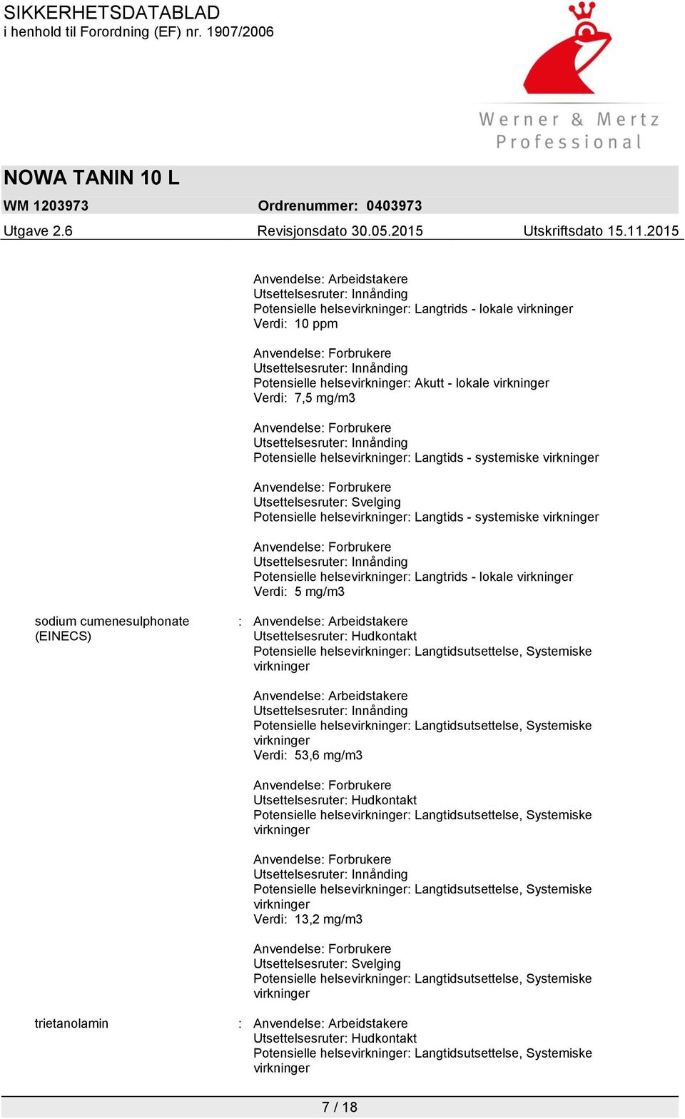 virkninger Verdi: 5 mg/m3 sodium cumenesulphonate (EINECS) : Anvendelse: Arbeidstakere Utsettelsesruter: Hudkontakt virkninger Anvendelse: Arbeidstakere virkninger Verdi: 53,6 mg/m3