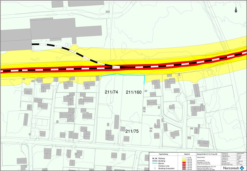 0 db Ilseng Gnr/Bnr 211/74, 75 og 160 Støysonekart Jernbanestøy Støyskjerm, 2,5m høy, langs eiendomsgrense.