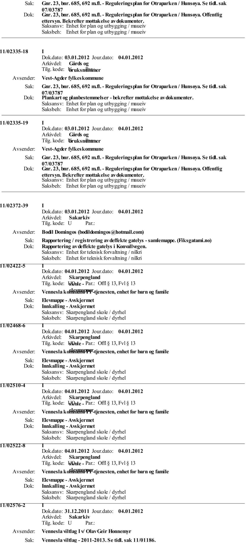 - Reguleringsplan for Otraparken / Hunsøya. Se tidl. sak 07/03787 Plankart og planbestemmelser - bekrefter mottakelse av dokumenter.