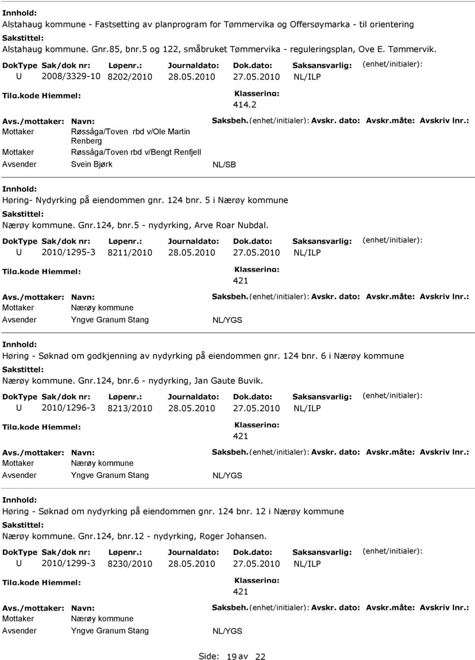 5 i Nærøy kommune Nærøy kommune. Gnr.124, bnr.5 - nydyrking, Arve Roar Nubdal. 2010/1295-3 8211/2010 Avs./mottaker: Navn: Saksbeh. Avskr. dato: Avskr.måte: Avskriv lnr.