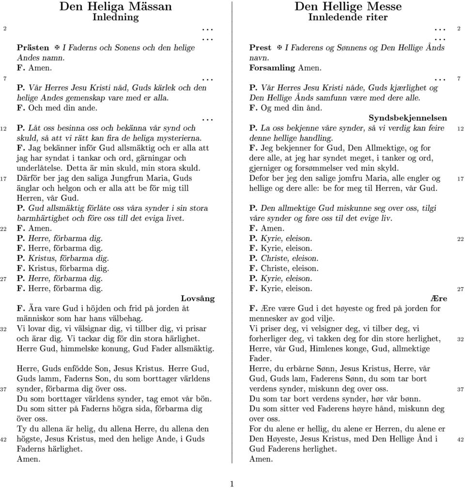 Och med din ande. F. Og med din ånd.... Syndsbekjennelsen 12 P. Låt oss besinna oss och bekänna vår synd och P.