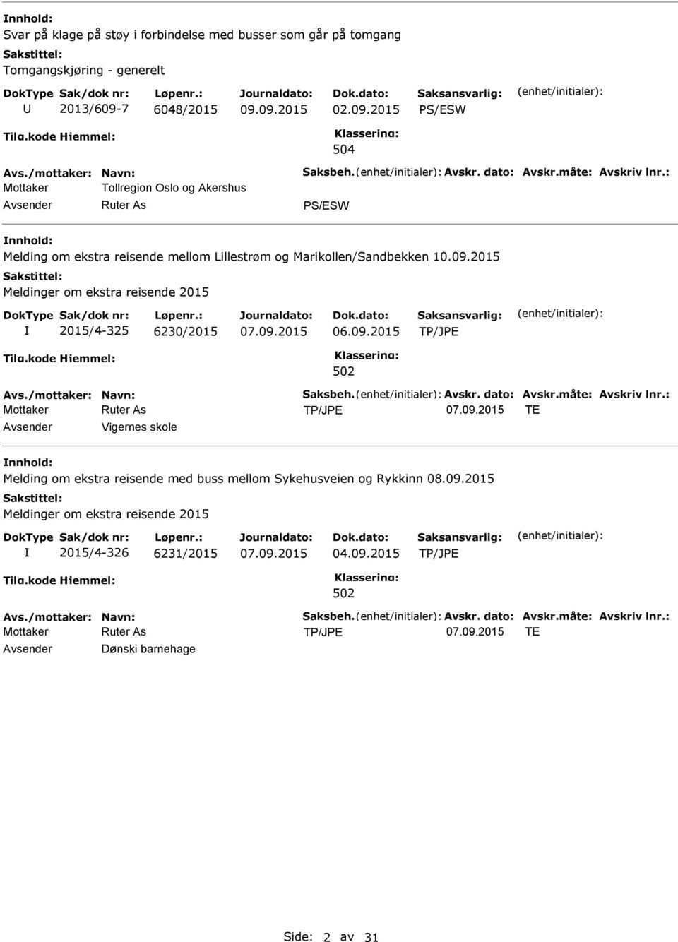 : Mottaker Tollregion Oslo og Akershus PS/ESW Melding om ekstra reisende mellom Lillestrøm og Marikollen/Sandbekken 2015/4-325 6230/2015 06.09.2015 Avs.