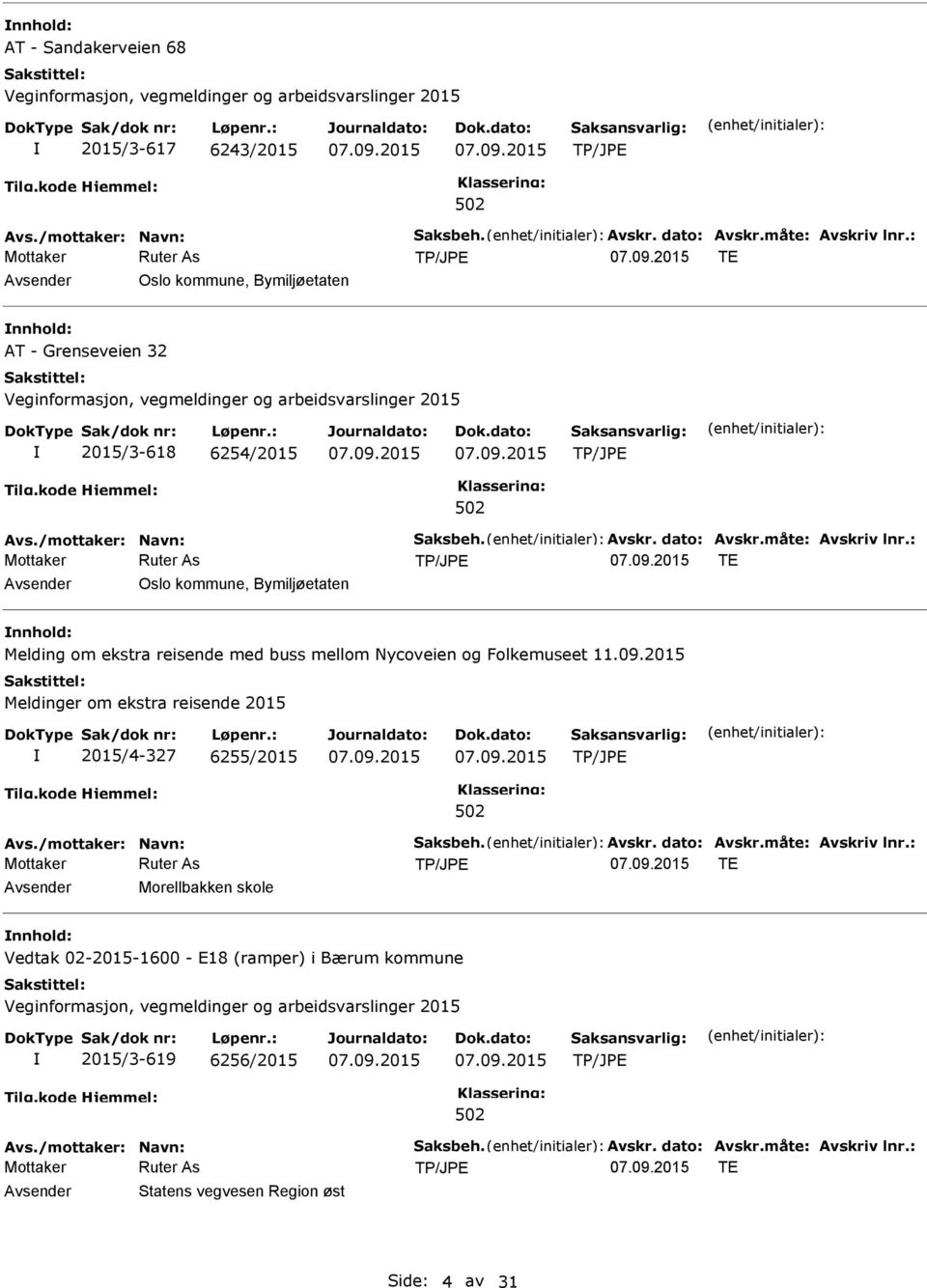 : TE Oslo kommune, Bymiljøetaten Melding om ekstra reisende med buss mellom Nycoveien og Folkemuseet 2015/4-327 6255/2015 Avs./mottaker: Navn: Saksbeh. Avskr.