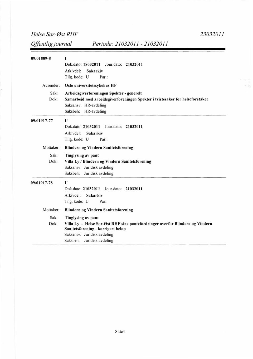 dato: 21032011 Mottaker: Blindern og Vindern Sanitetsforening Sak: Tinglysing av pant Dok: Villa Ly / Blindern og Vindern Sanitetsforening Juridisk avdeling Juridisk avdeling