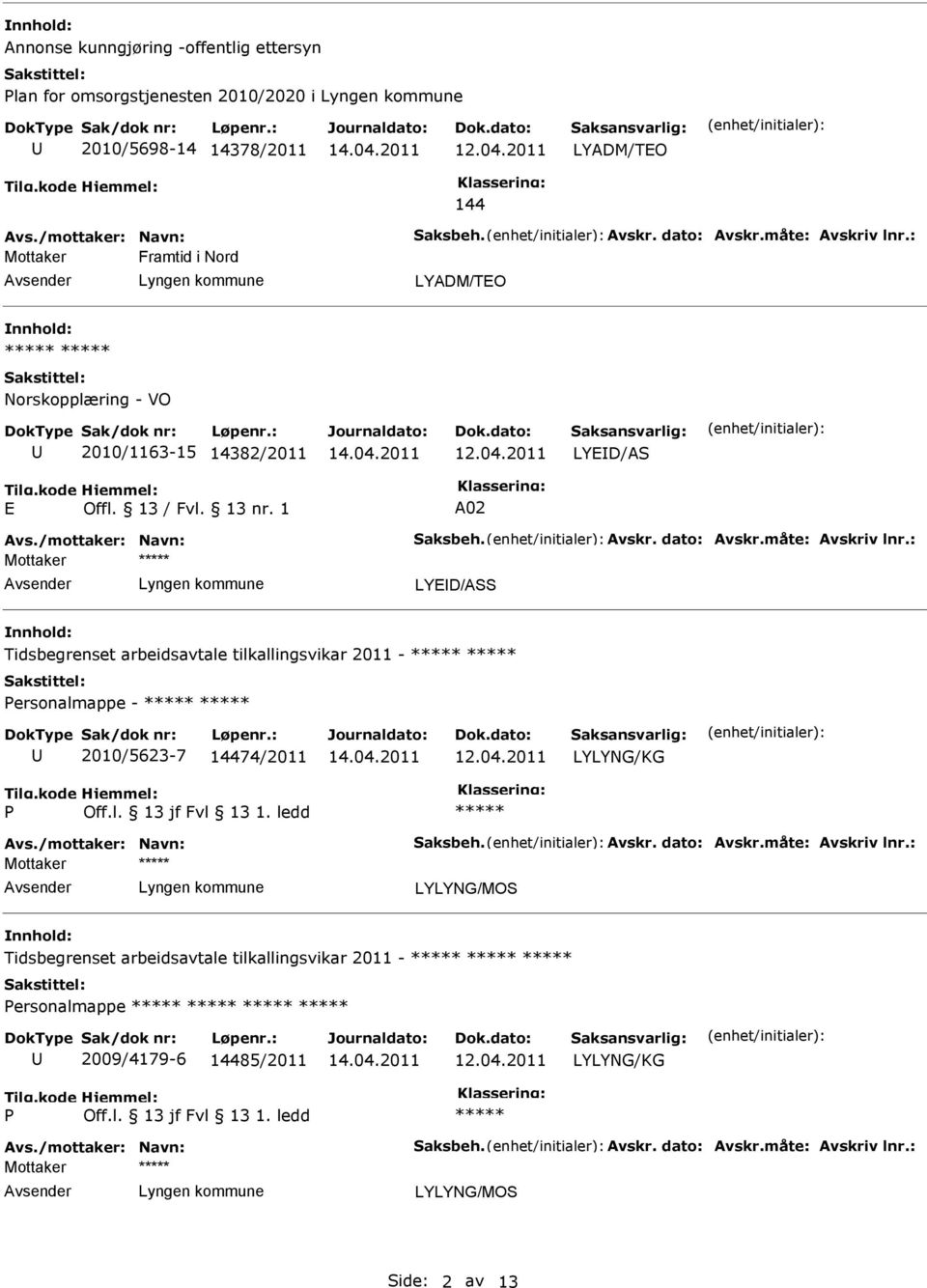 1 A02 Mottaker LYED/S Tidsbegrenset arbeidsavtale tilkallingsvikar 2011 - ersonalmappe - 2010/5623-7 14474/2011