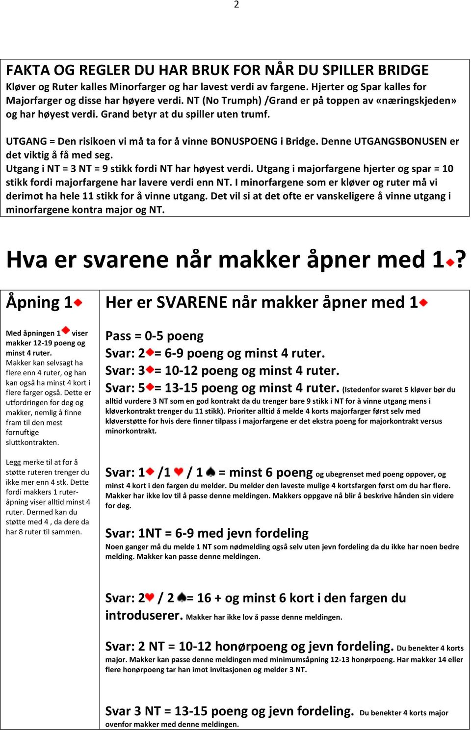 Denne UTGANGSBONUSEN er det viktig å få med seg. Utgang i NT = 3 NT = 9 stikk fordi NT har høyest verdi. Utgang i majorfargene hjerter og spar = 0 stikk fordi majorfargene har lavere verdi enn NT.