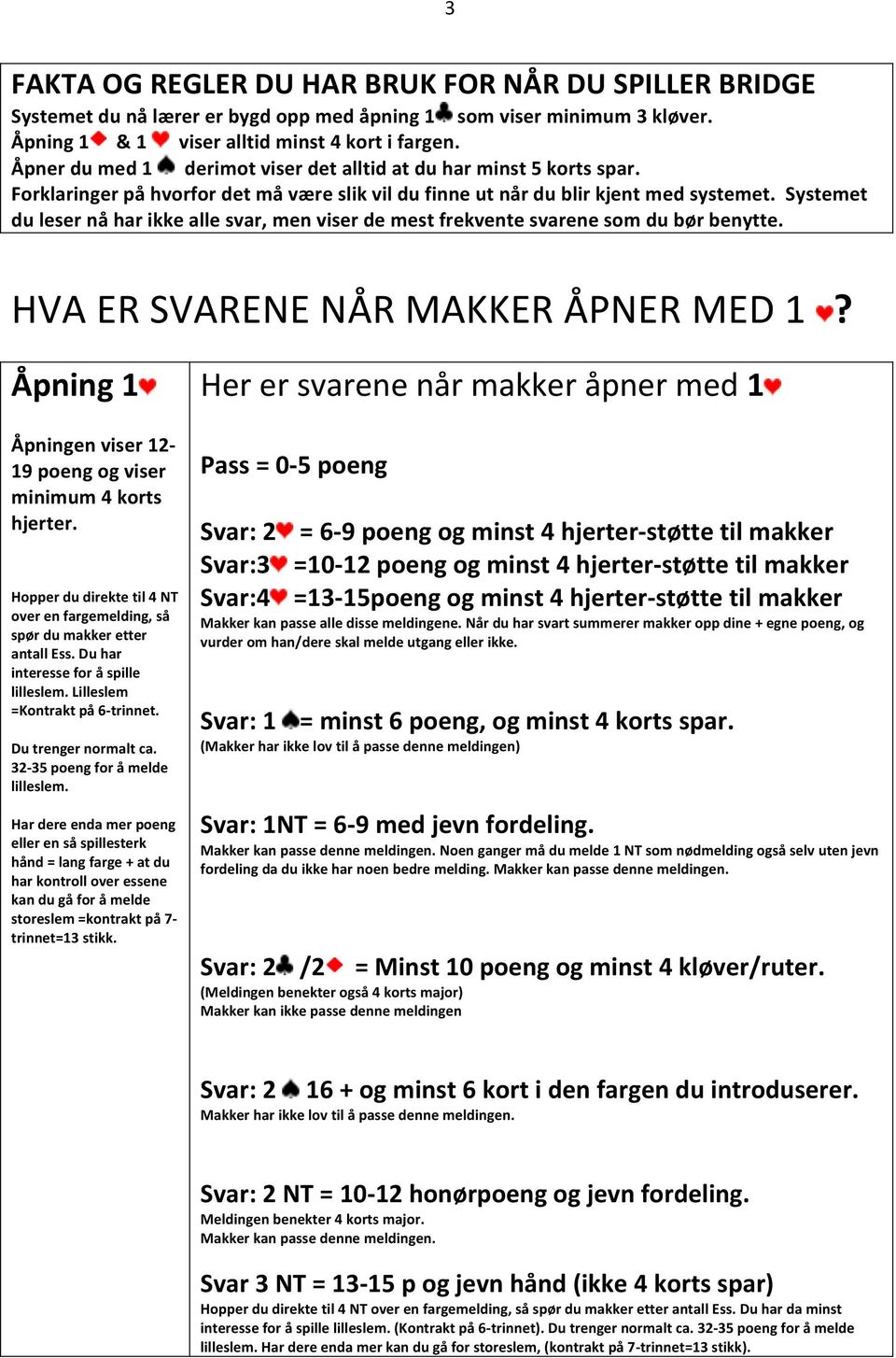 HVA ER SVARENE NÅR MAKKER ÅPNER MED? Åpning Åpningen viser 2-9 poeng og viser minimum 4 korts hjerter. Hopper du direkte til 4 NT over en fargemelding, så spør du makker etter antall Ess.