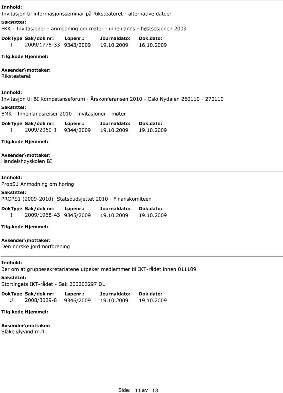 2009 Riksteateret nnhold: nvitasjon til B Kompetanseforum - Årskonferansen 2010 - Oslo Nydalen 260110-270110 EMK - nnenlandsreiser 2010 - invitasjoner -