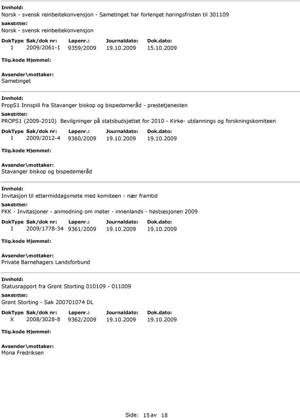 2009 Sametinget nnhold: PropS1 nnspill fra Stavanger biskop og bispedømeråd - prestetjenesten PROPS1 (2009-2010) Bevilgninger på statsbudsjettet for 2010 - Kirke- utdannings og