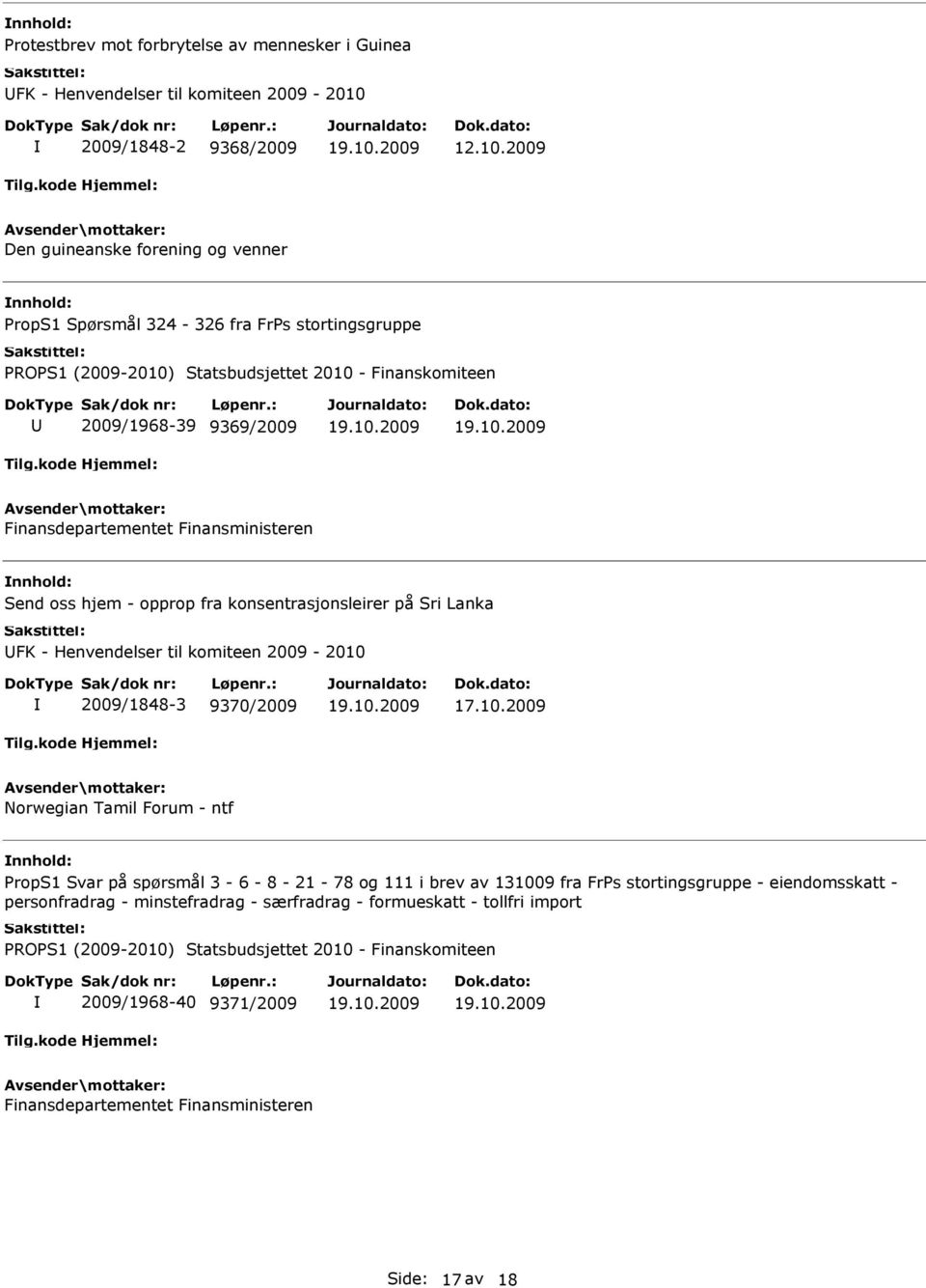 2009 Den guineanske forening og venner nnhold: PropS1 Spørsmål 324-326 fra FrPs stortingsgruppe 2009/1968-39 9369/2009 Finansdepartementet Finansministeren nnhold: Send oss hjem -