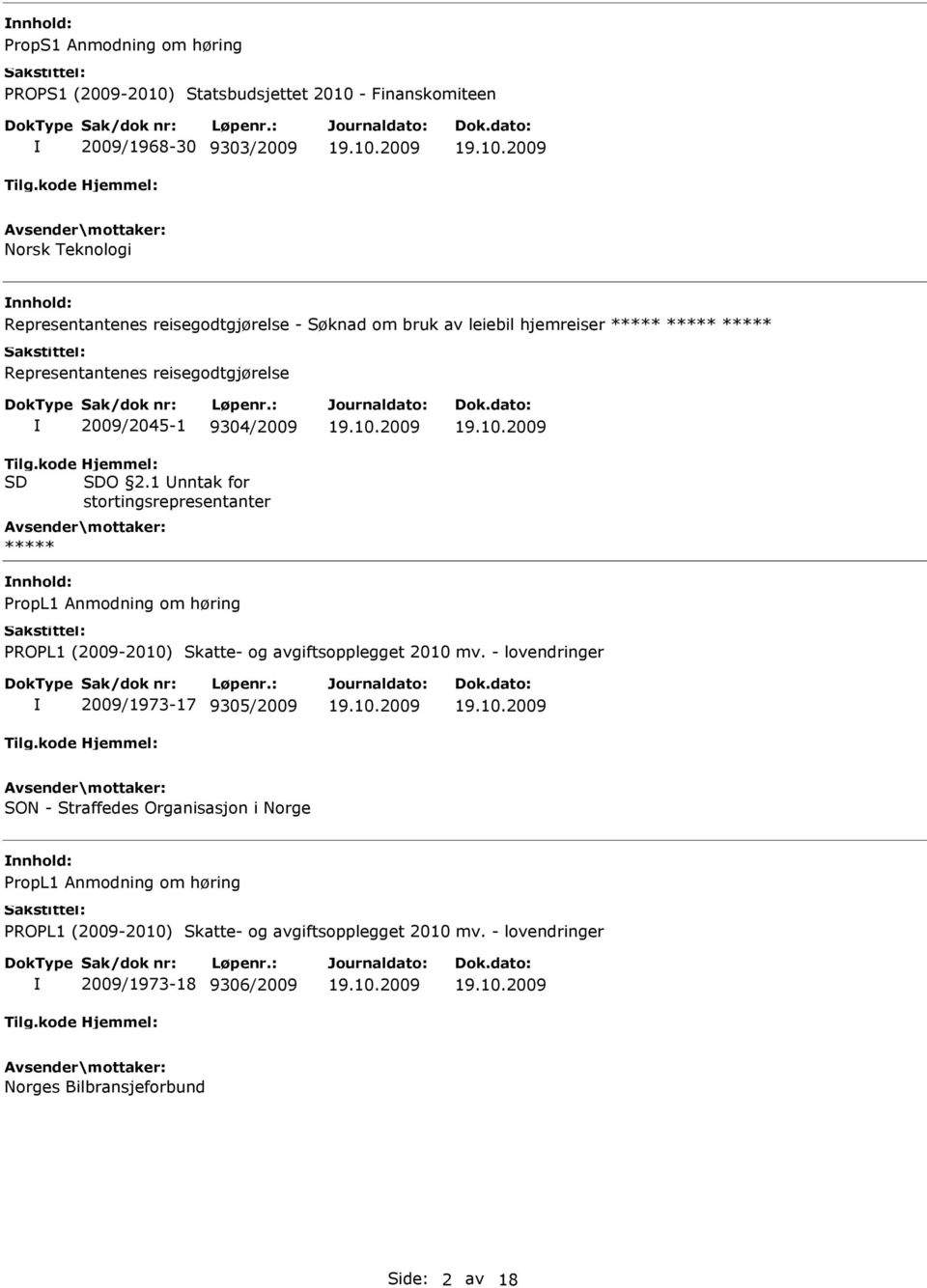 1 nntak for stortingsrepresentanter ***** nnhold: PropL1 Anmodning om høring PROPL1 (2009-2010) Skatte- og avgiftsopplegget 2010 mv.