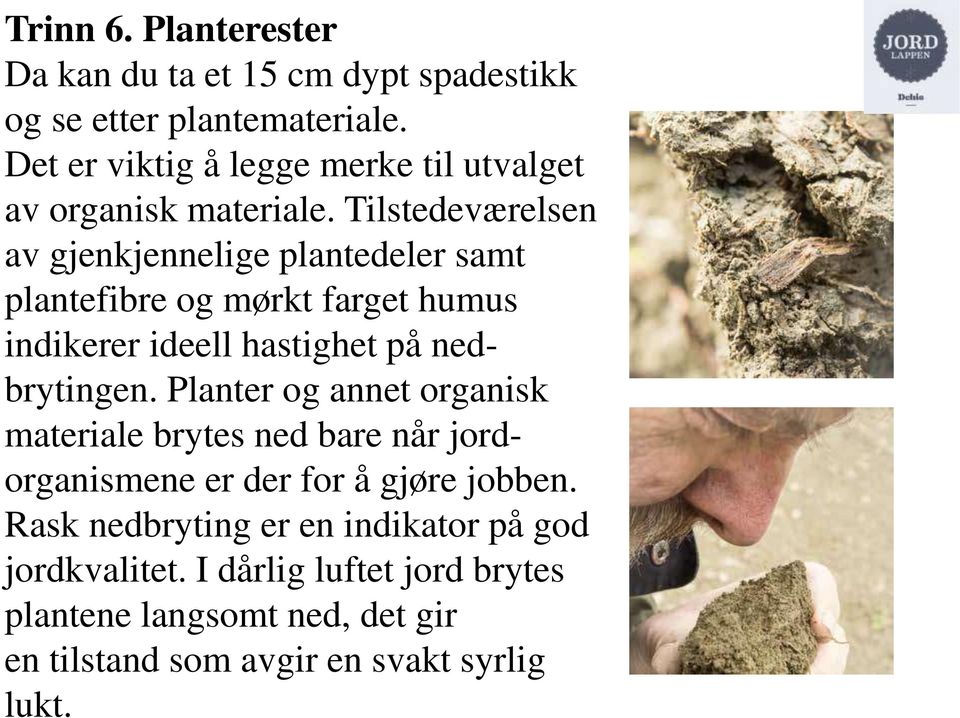 Tilstedeværelsen av gjenkjennelige plantedeler samt plantefibre og mørkt farget humus indikerer ideell hastighet på nedbrytingen.