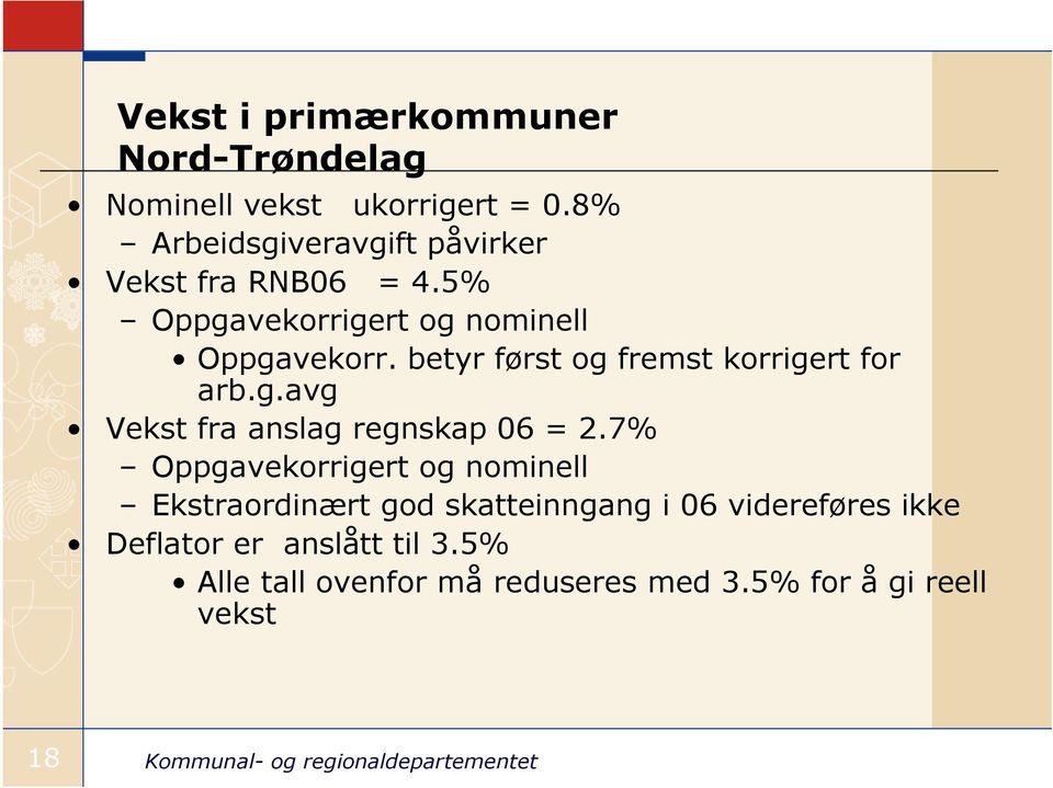 betyr først og fremst korrigert for arb.g.avg Vekst fra anslag regnskap 06 = 2.