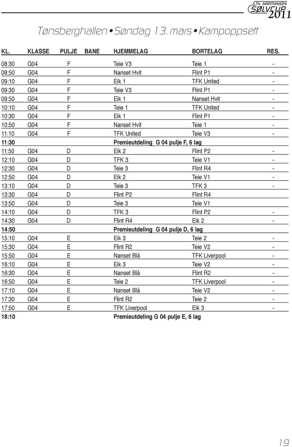 1 Flint P1-10:50 G04 F Nanset Hvit Teie 1 - :10 G04 F TFK United Teie V3 - :30 Premieutdeling G 04 pulje F, 6 lag :50 G04 D Eik 2 Flint P2-12:10 G04 D TFK 3 Teie V1-12:30 G04 D Teie 3 Flint R4-12:50