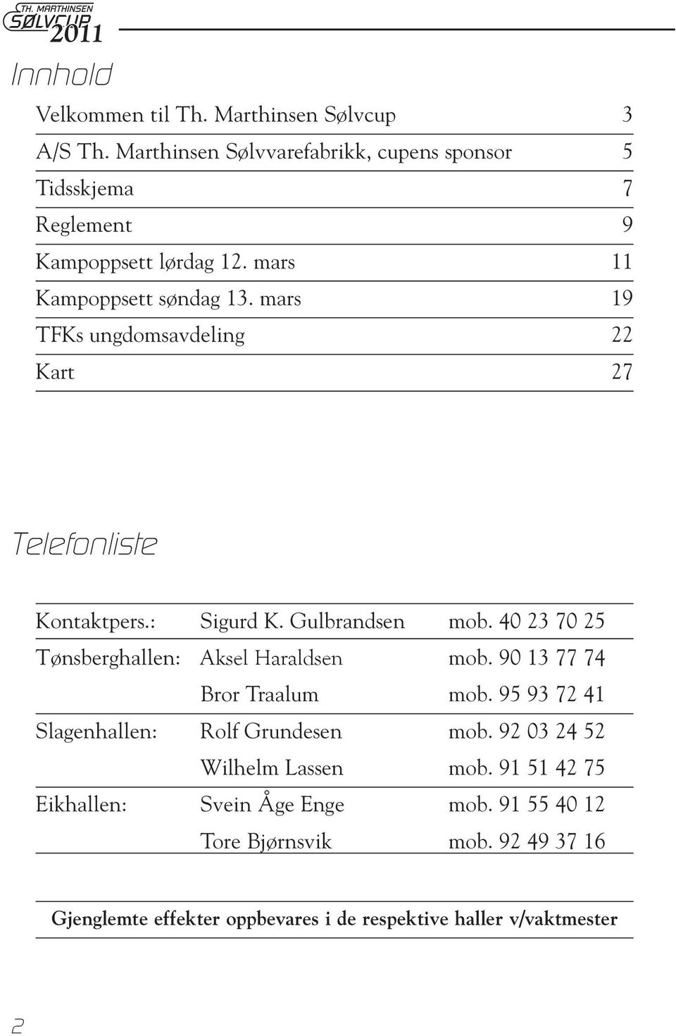 mars 19 TFKs ungdomsavdeling 22 Kart 27 Telefonliste Kontaktpers.: Sigurd K. Gulbrandsen mob. 40 23 70 25 Tønsberghallen: Aksel Haraldsen mob.