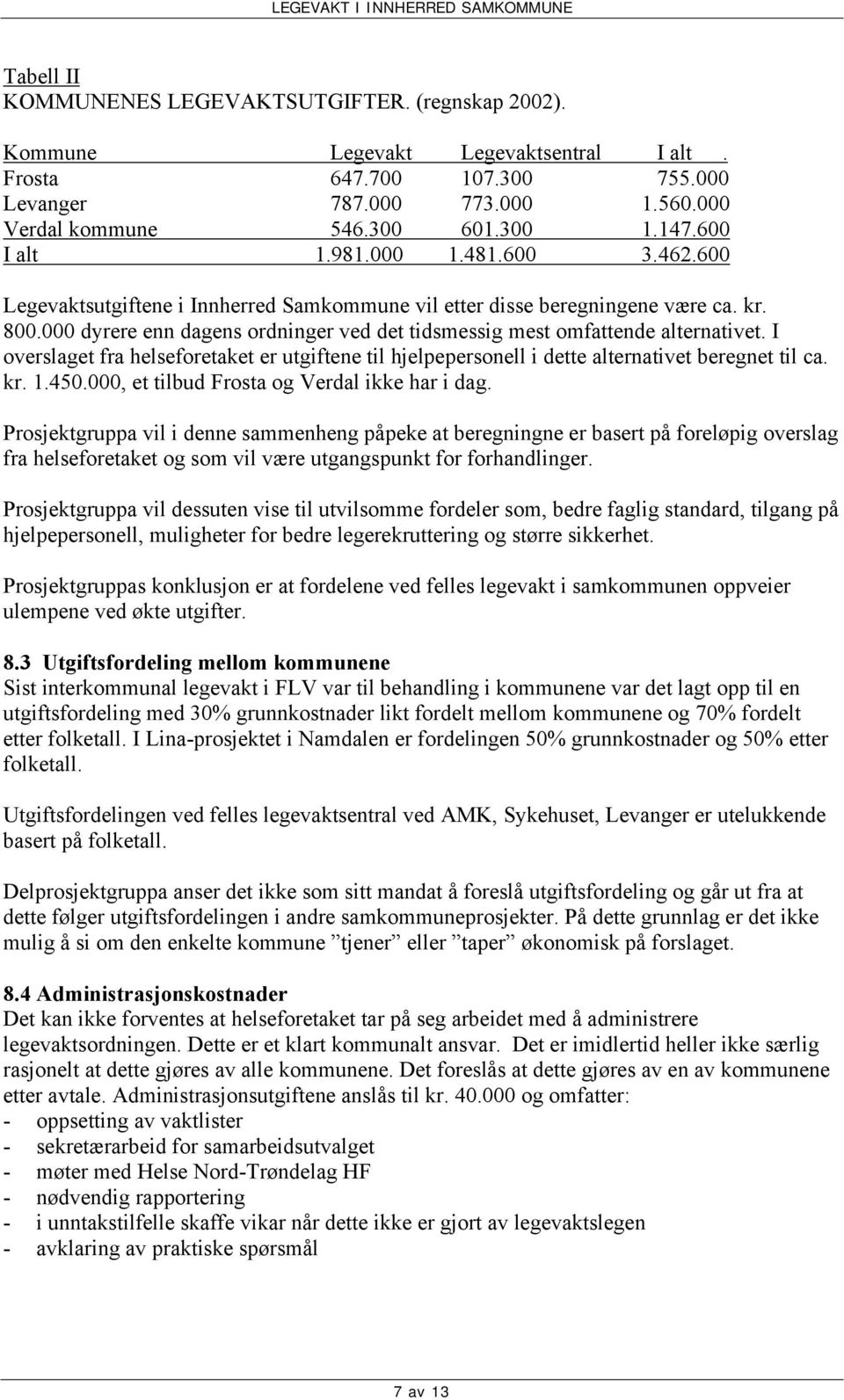 000 dyrere enn dagens ordninger ved det tidsmessig mest omfattende alternativet. I overslaget fra helseforetaket er utgiftene til hjelpepersonell i dette alternativet beregnet til ca. kr. 1.450.