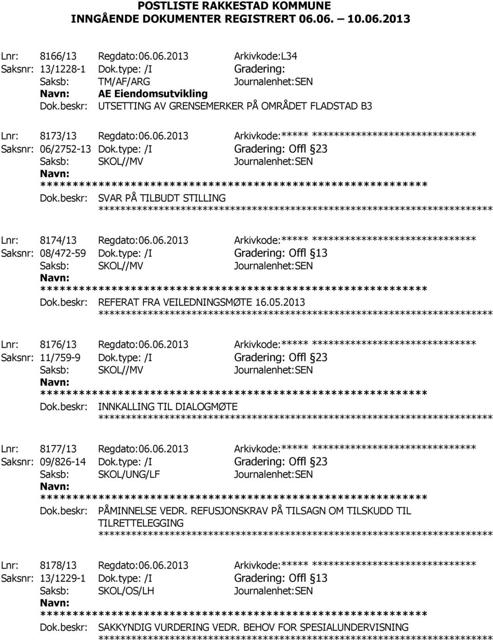 06.2013 Arkivkode:***** ****************************** Saksnr: 06/2752-13 Dok.type: /I Gradering: Offl 23 Saksb: SKOL//MV Journalenhet:SEN Dok.