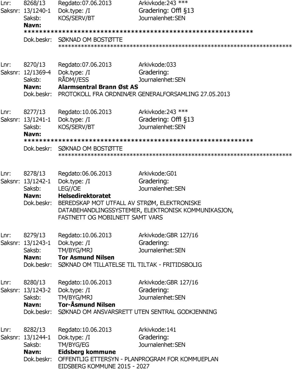 beskr: PROTOKOLL FRA ORDNINÆR GENERALFORSAMLING 27.05.2013 ************ Lnr: 8277/13 Regdato:10.06.2013 Arkivkode:243 *** Saksnr: 13/1241-1 Dok.