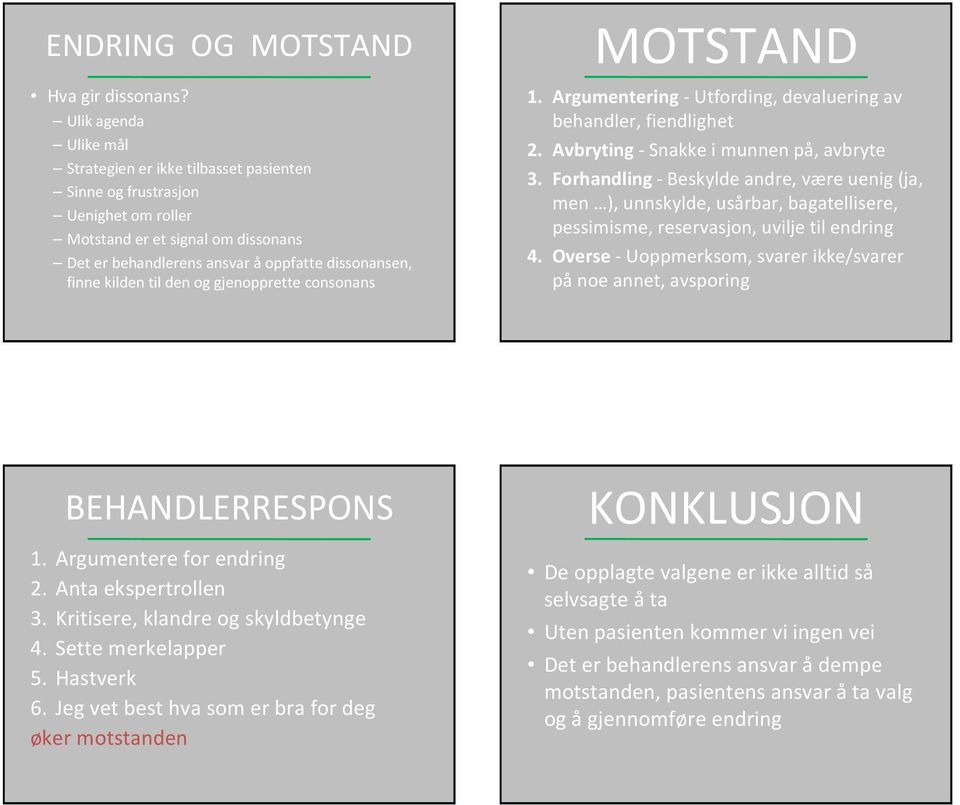 til den og gjenopprette consonans MOTSTAND 1. Argumentering-Utfording, devaluering av behandler, fiendlighet 2. Avbryting- Snakke i munnen på, avbryte 3.