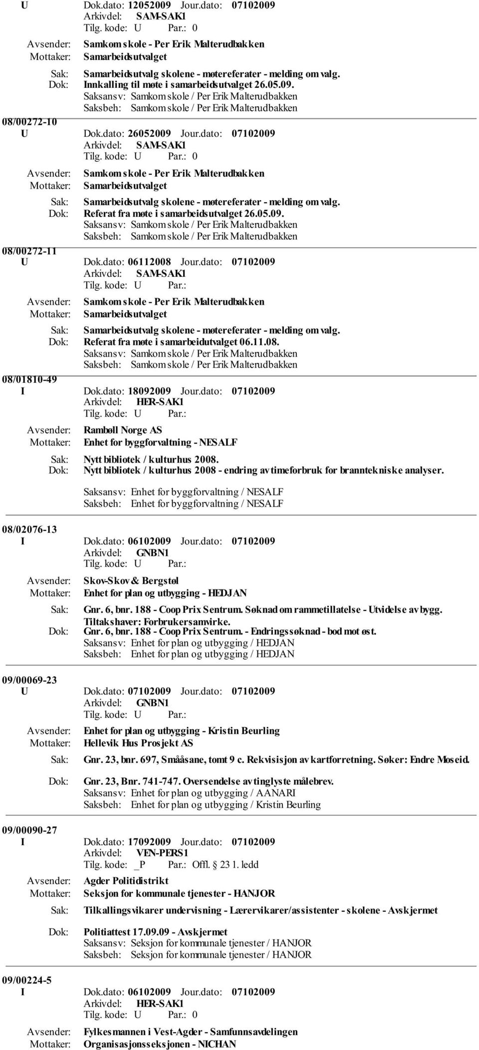 dato: 06112008 Jour.dato: Samkom skole - Per Erik Malterudbakken Samarbeidsutvalget Samarbeidsutvalg skolene - møtereferater - melding om valg. Referat fra møte i samarbeidutvalget 06.11.08. 08/01810-49 I Dok.