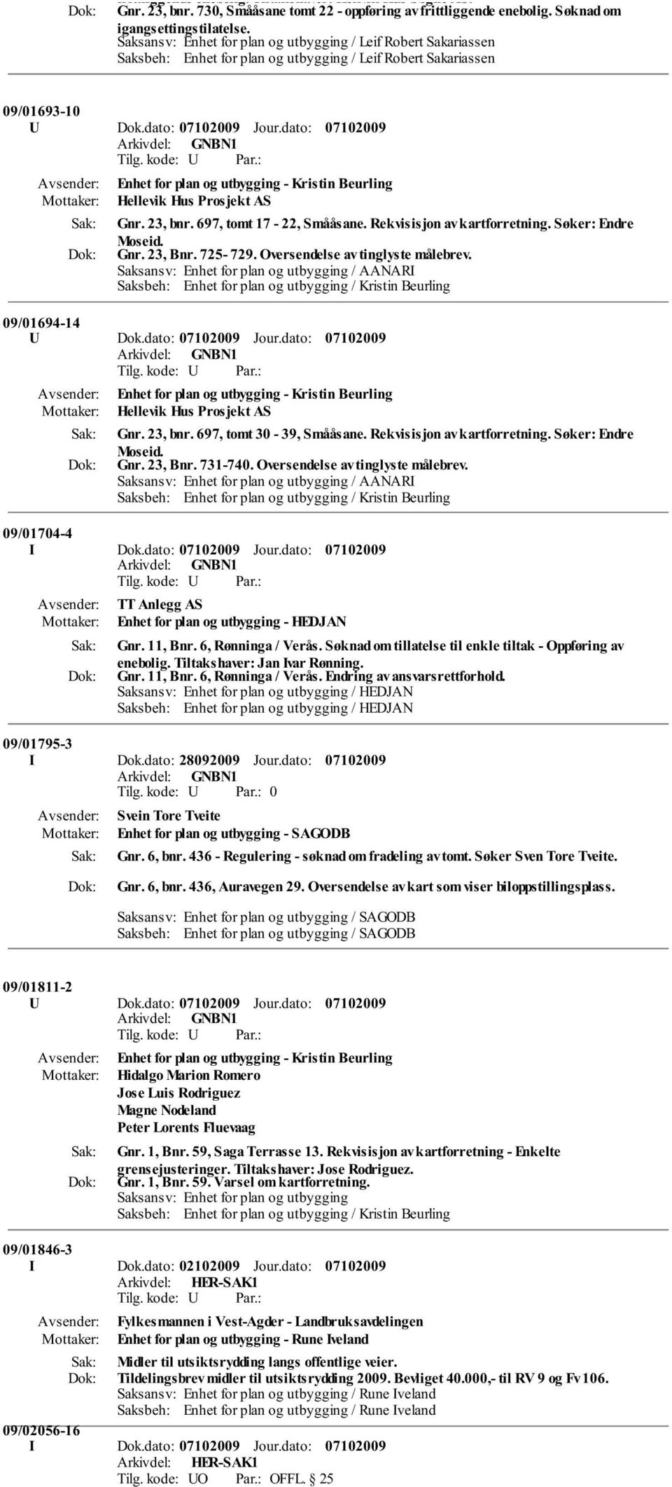 dato: Enhet for plan og utbygging - Kristin Beurling Hellevik Hus Prosjekt AS Gnr. 23, bnr. 697, tomt 17-22, Smååsane. Rekvisisjon av kartforretning. Søker: Endre Moseid. Gnr. 23, Bnr. 725-729.