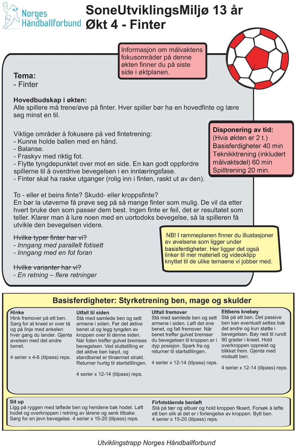 Viktige områder å fokusere på ved fintetrening: - Kunne holde ballen med en hånd. - Balanse. - Fraskyv med riktig fot. - Flytte tyngdepunktet over mot en side.