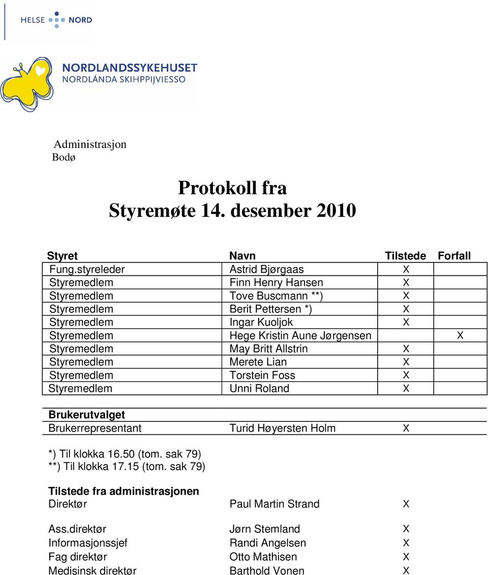 Aune Jørgensen X Styremedlem May Britt Allstrin X Styremedlem Merete Lian X Styremedlem Torstein Foss X Styremedlem Unni Roland X Brukerutvalget Brukerrepresentant Turid Høyersten