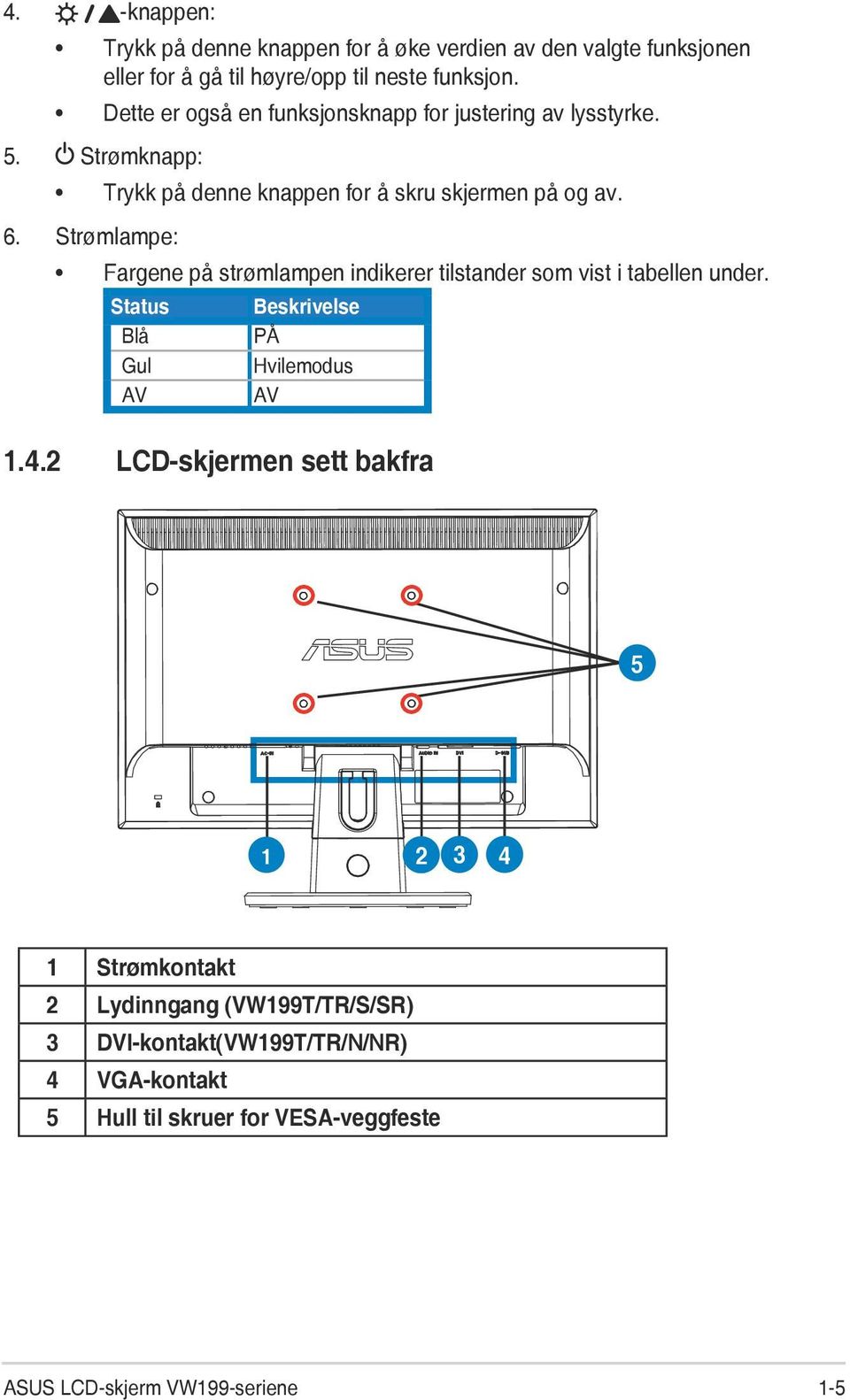 Strømlampe: Fargene på strømlampen indikerer tilstander som vist i tabellen under. Status Blå Gul AV Beskrivelse PÅ Hvilemodus AV 1.4.