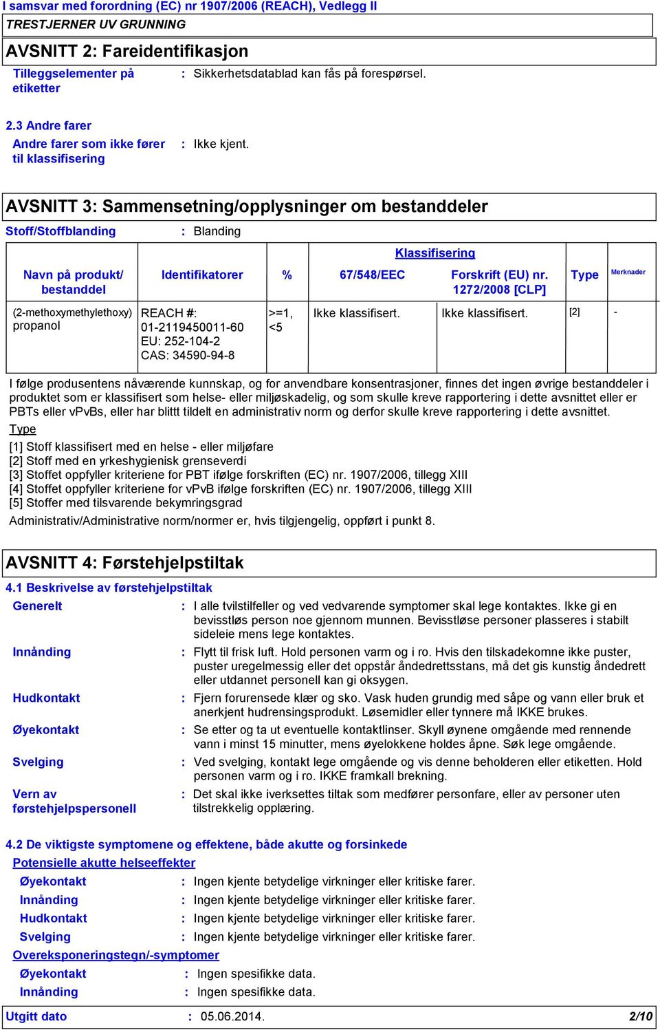 3 Andre farer Andre farer som ikke fører til klassifisering AVSNITT 3 Sammensetning/opplysninger om bestanddeler Stoff/Stoffblanding Navn på produkt/ bestanddel Blanding Identifikatorer