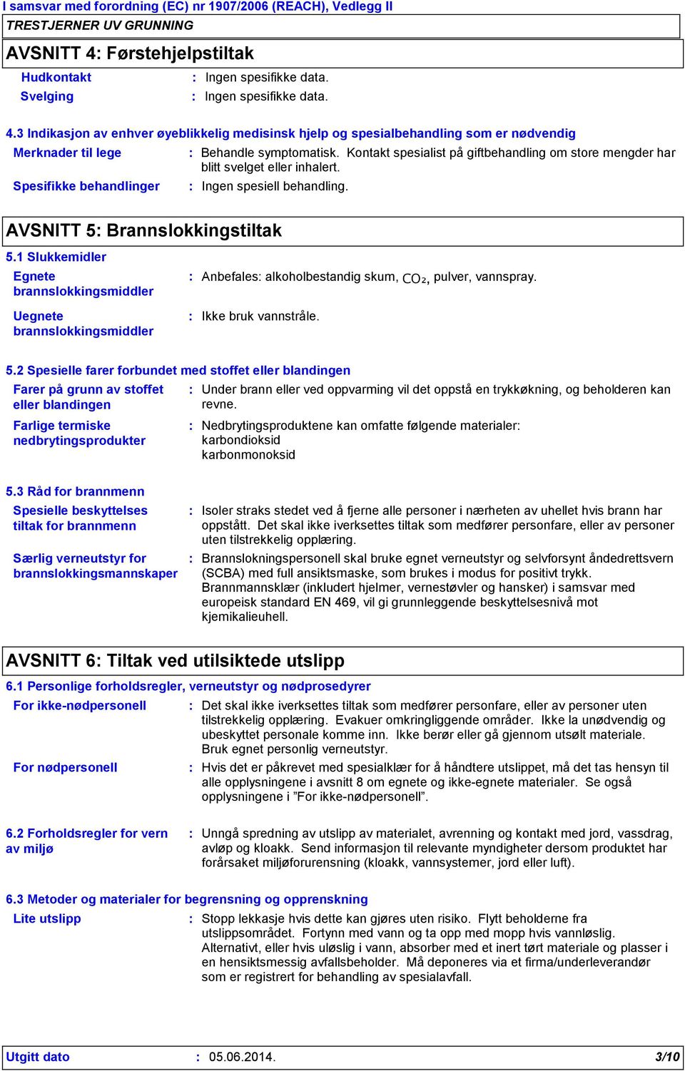 1 Slukkemidler Egnete brannslokkingsmiddler Uegnete brannslokkingsmiddler Anbefales alkoholbestandig skum, CO₂, pulver, vannspray. Ikke bruk vannstråle. 5.