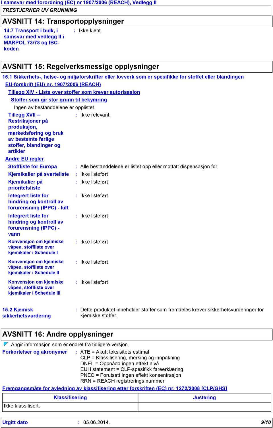 1907/2006 (REACH) Tillegg XIV - Liste over stoffer som krever autorisasjon Stoffer som gir stor grunn til bekymring Ingen av bestanddelene er opplistet.