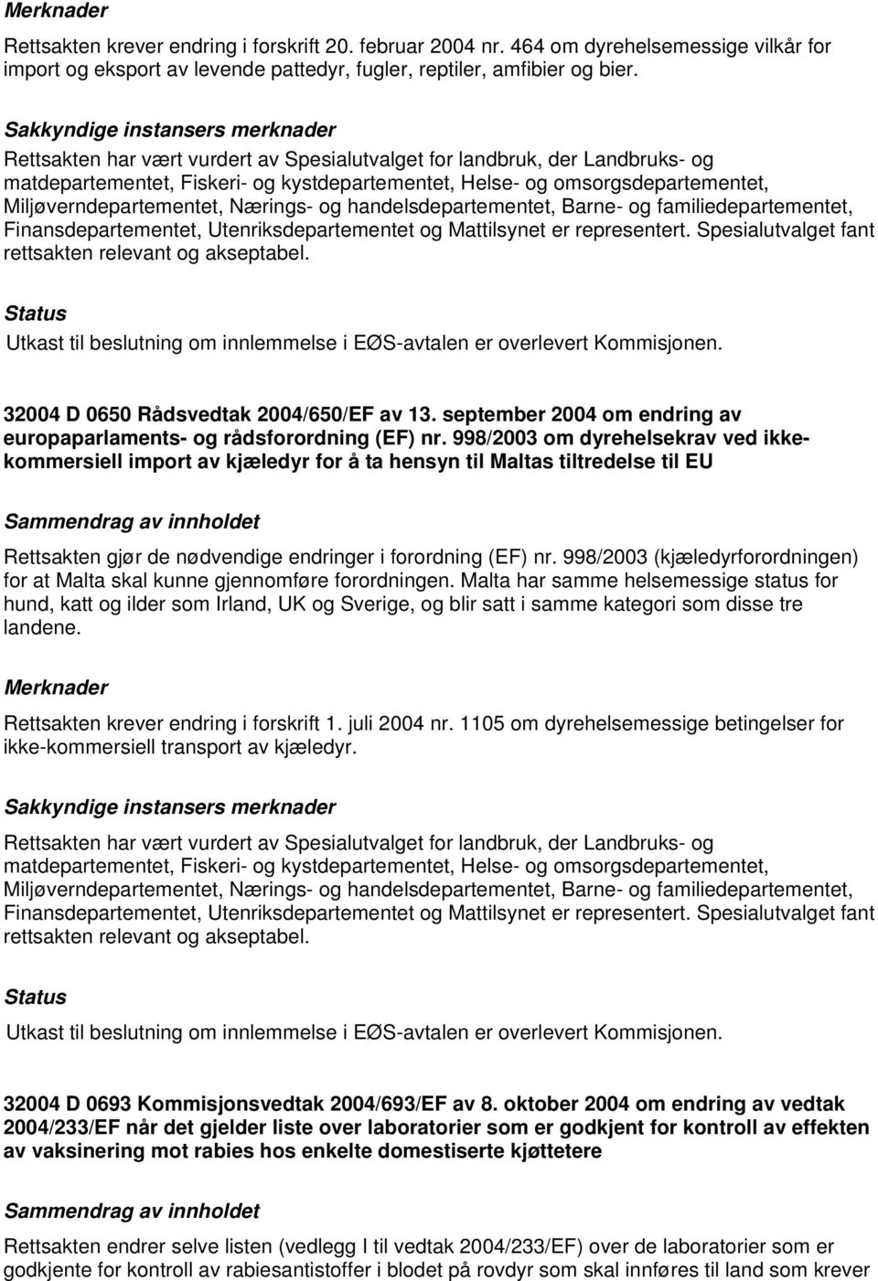 Utenriksdepartementet og Mattilsynet er representert. Spesialutvalget fant Utkast til beslutning om innlemmelse i EØS-avtalen er overlevert Kommisjonen. 32004 D 0650 Rådsvedtak 2004/650/EF av 13.