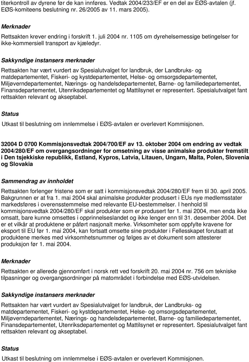 Rettsakten har vært vurdert av Spesialutvalget for landbruk, der Landbruks- og Miljøverndepartementet, Nærings- og handelsdepartementet, Barne- og familiedepartementet, Finansdepartementet,