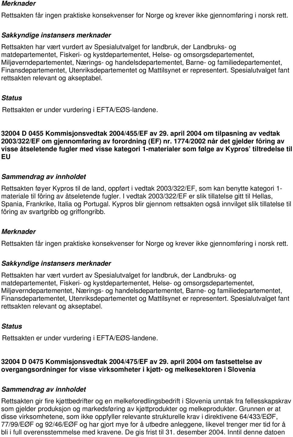 Utenriksdepartementet og Mattilsynet er representert. Spesialutvalget fant 32004 D 0455 Kommisjonsvedtak 2004/455/EF av 29.