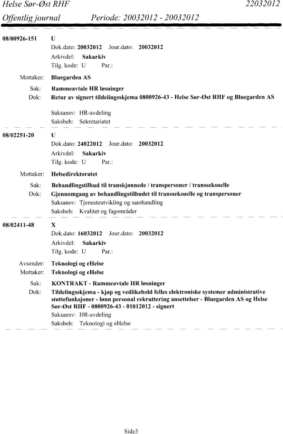 dato: 20032012 Mottaker: Helsedirektoratet 08/02411-48 X Sak: Behandlingstilbud til transkjønnede / transpersoner / transseksuelle Dok: Gjennomgang av behandlingstilbudet til transseksuelle og