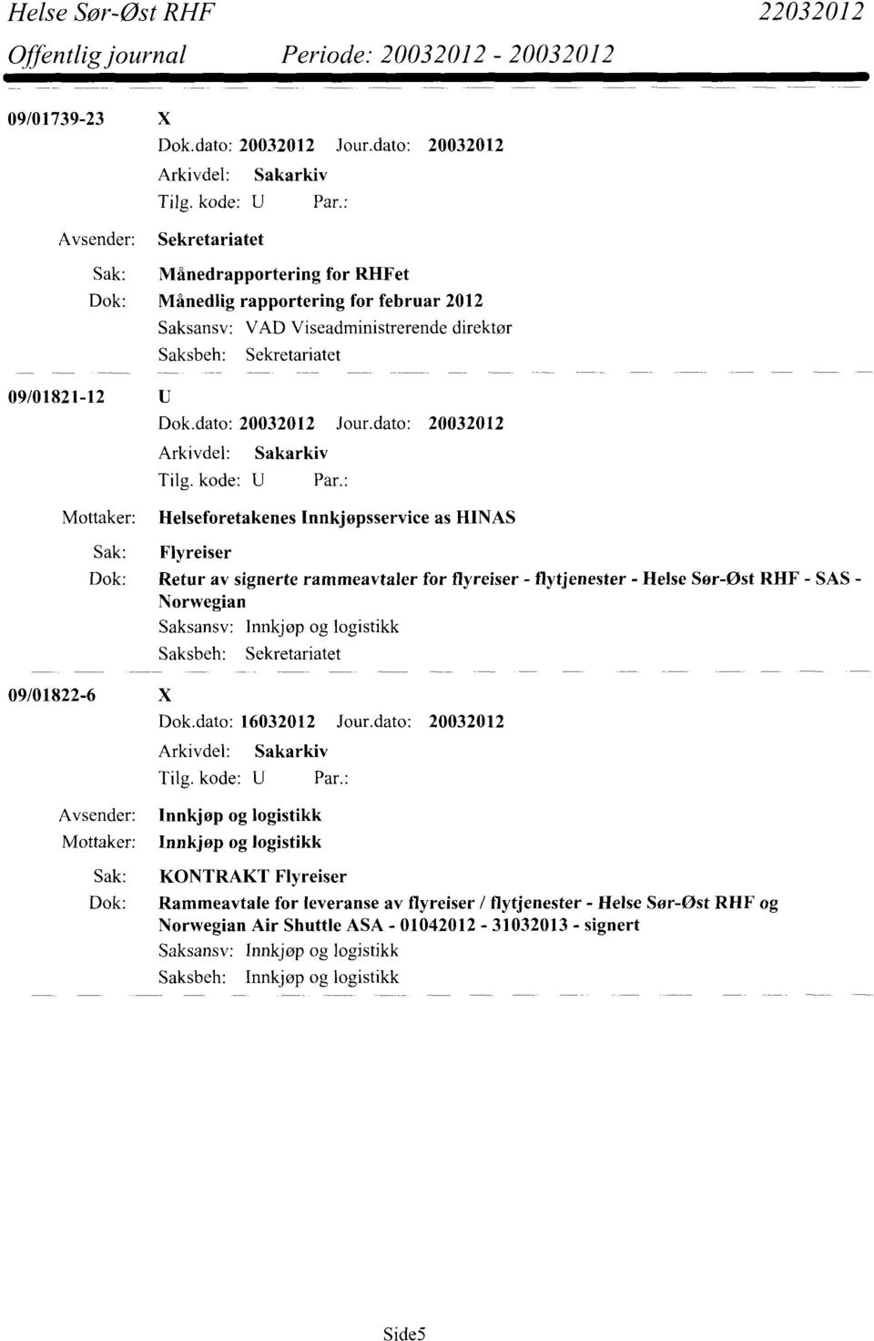 09/01822-6 X Saksansv: Innkjøp og logistikk Saksbeh: Sekretariatet Dok.dato: 16032012 Jour.