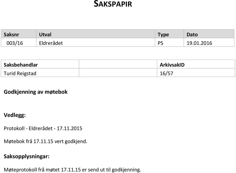 Vedlegg: Protokoll - Eldrerådet - 17.11.2015 Møtebok frå 17.11.15 vert godkjend.