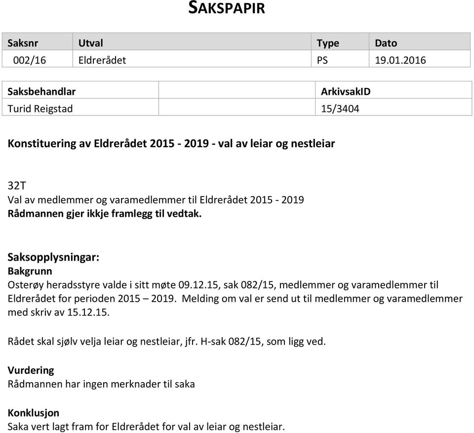 2015-2019 Rådmannen gjer ikkje framlegg til vedtak. Saksopplysningar: Bakgrunn Osterøy heradsstyre valde i sitt møte 09.12.