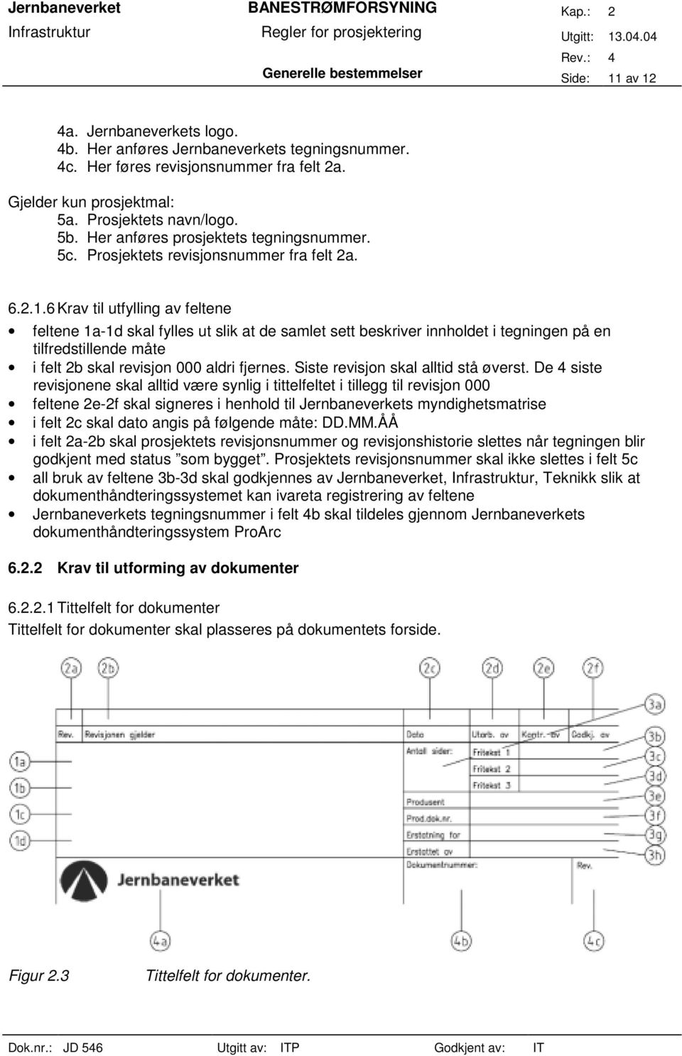 6 Krav til utfylling av feltene feltene 1a-1d skal fylles ut slik at de samlet sett beskriver innholdet i tegningen på en tilfredstillende måte i felt 2b skal revisjon 000 aldri fjernes.