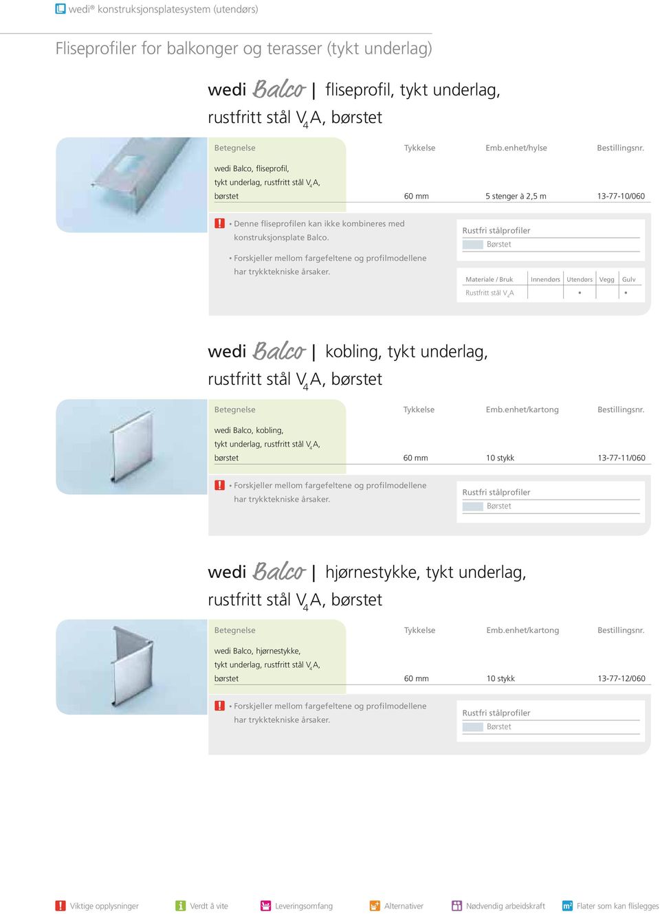 Forskjeller mellom fargefeltene og profilmodellene har trykktekniske årsaker. Rustfri stålprofiler Børstet wedi Balco kobling, tykt underlag, rustfritt stål V 4 A, børstet Betegnelse Tykkelse Emb.