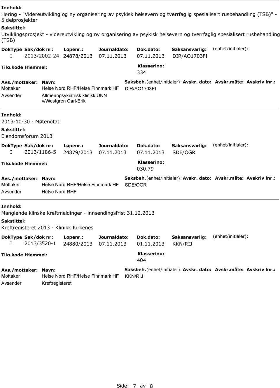 : Mottaker Helse Nord RHF/Helse Finnmark HF DR/AO1703F Allmennpsykiatrisk klinikk NN v/westgren Carl-Erik 2013-10-30 - Møtenotat Eiendomsforum 2013 2013/1186-5 24879/2013 SDE/OGR 030.79 Avs.