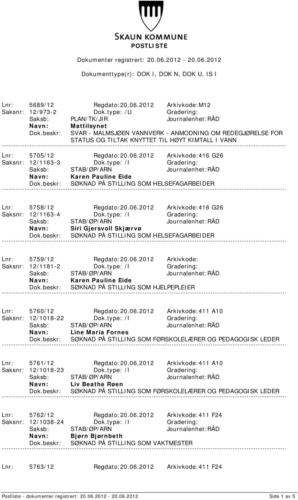 06.2012 Arkivkode:416 G26 Saksnr: 12/1163-3 Dok.type: /I Gradering: Karen Pauline Eide SØKNAD PÅ STILLING SOM HELSEFAGARBEIDER Lnr: 5758/12 Regdato:20.06.2012 Arkivkode:416 G26 Saksnr: 12/1163-4 Dok.