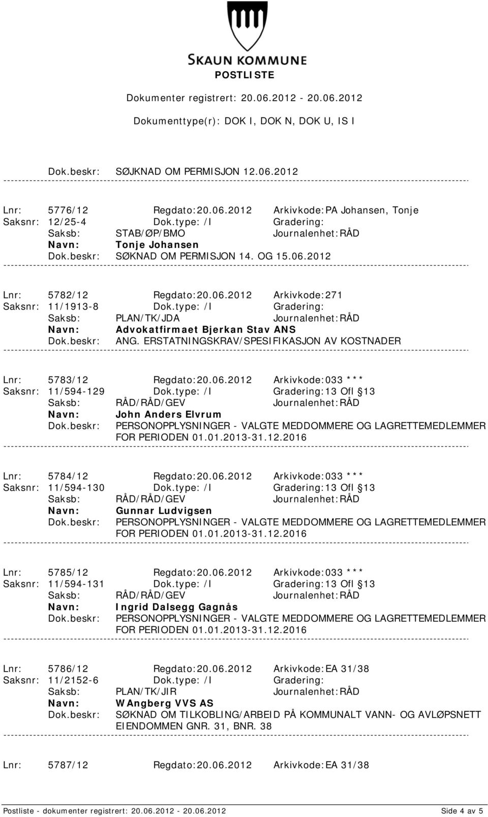 type: /I Gradering: Saksb: PLAN/TK/JDA Journalenhet:RÅD Advokatfirmaet Bjerkan Stav ANS ANG. ERSTATNINGSKRAV/SPESIFIKASJON AV KOSTNADER Lnr: 5783/12 Regdato:20.06.