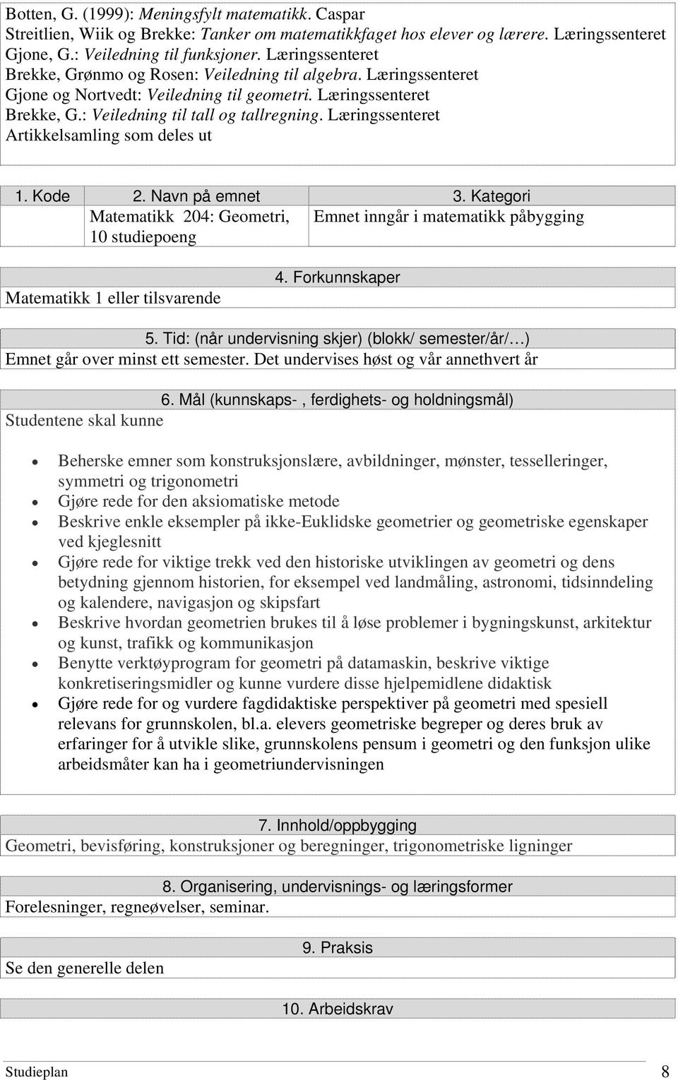 Læringssenteret Artikkelsamling som deles ut Matematikk 204: Geometri, Emnet inngår i matematikk påbygging 10 studiepoeng Matematikk 1 eller tilsvarende Emnet går over minst ett semester.