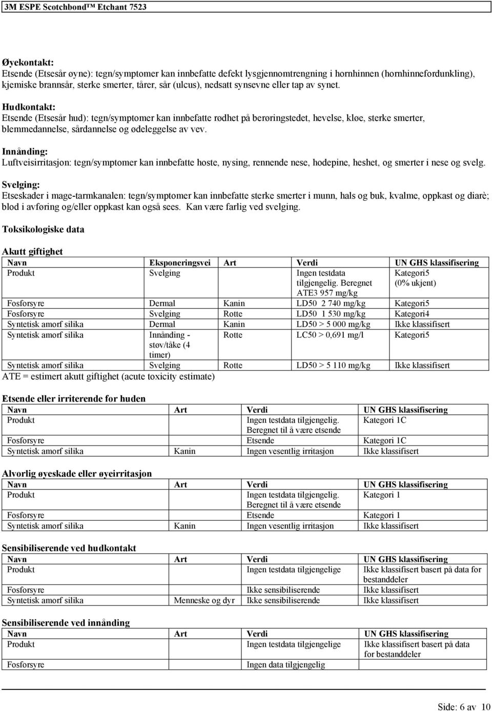 Hudkontakt: Etsende (Etsesår hud): tegn/symptomer kan innbefatte rødhet på berøringstedet, hevelse, kløe, sterke smerter, blemmedannelse, sårdannelse og ødeleggelse av vev.