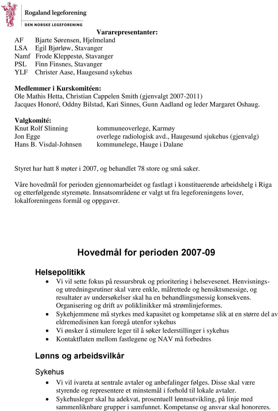 Valgkomité: Knut Rolf Slinning Jon Egge Hans B. Visdal-Johnsen kommuneoverlege, Karmøy overlege radiologisk avd.