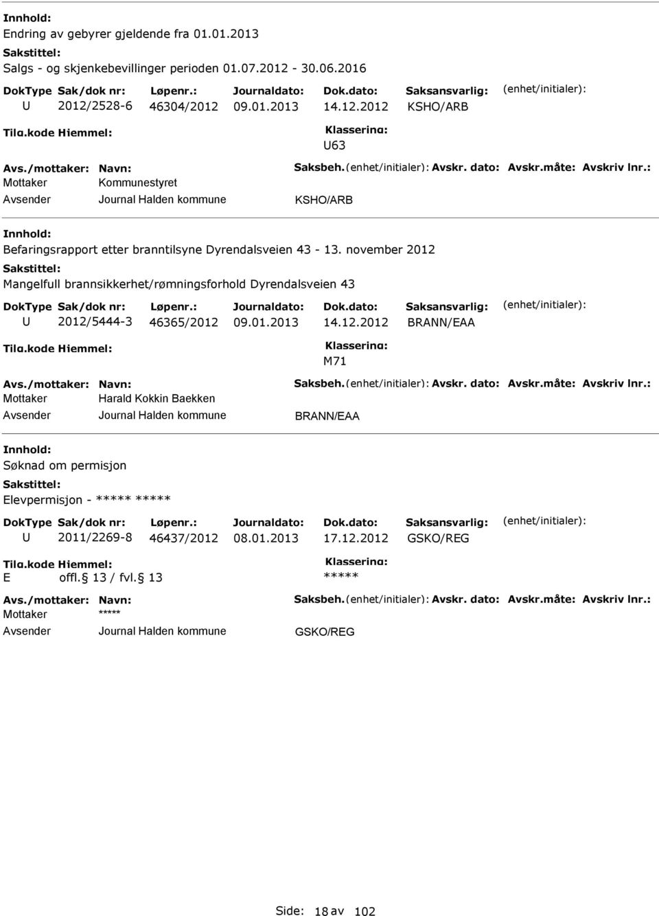 november 2012 Mangelfull brannsikkerhet/rømningsforhold Dyrendalsveien 43 2012/5444-3 46365/2012 14.12.2012 BRANN/AA M71 Avs./mottaker: Navn: Saksbeh. Avskr. dato: Avskr.