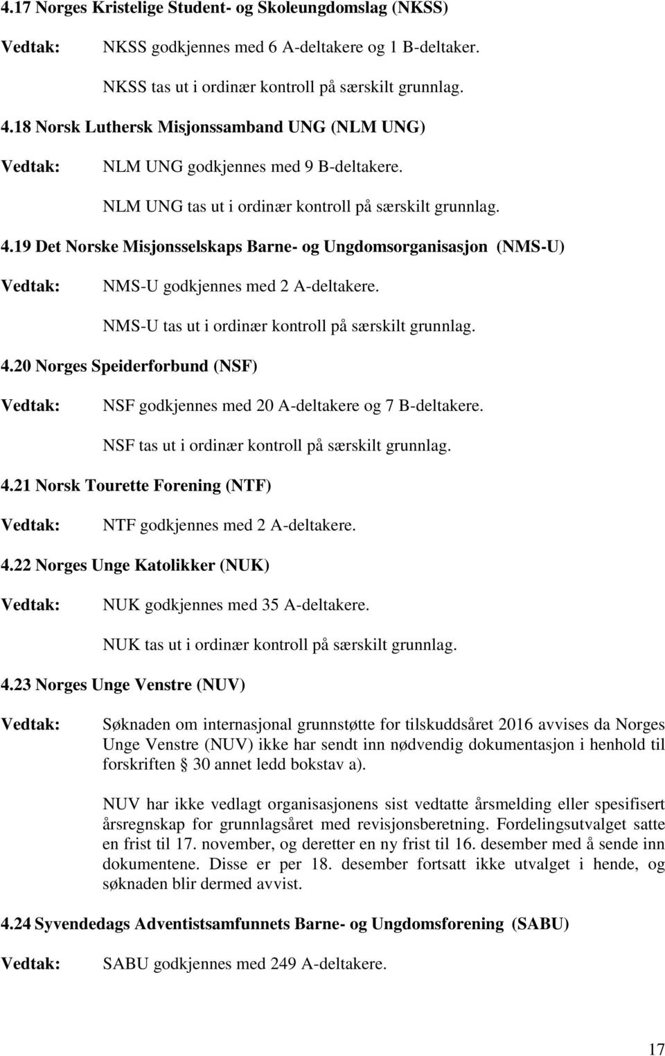 19 Det Norske Misjonsselskaps Barne- og Ungdomsorganisasjon (NMS-U) NMS-U godkjennes med 2 A-deltakere. NMS-U tas ut i ordinær kontroll på særskilt grunnlag. 4.