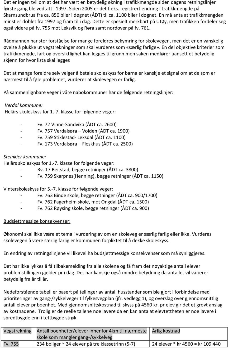 Dette er spesielt merkbart på Utøy, men trafikken fordeler seg også videre på fv. 755 mot Leksvik og Røra samt nordover på fv. 761.