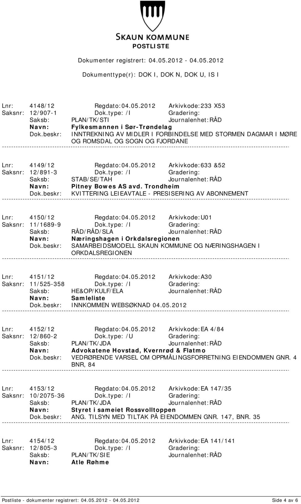 Regdato:04.05.2012 Arkivkode:633 &52 Saksnr: 12/891-3 Dok.type: /I Gradering: Saksb: STAB/SE/TAH Journalenhet:RÅD Pitney Bowes AS avd.